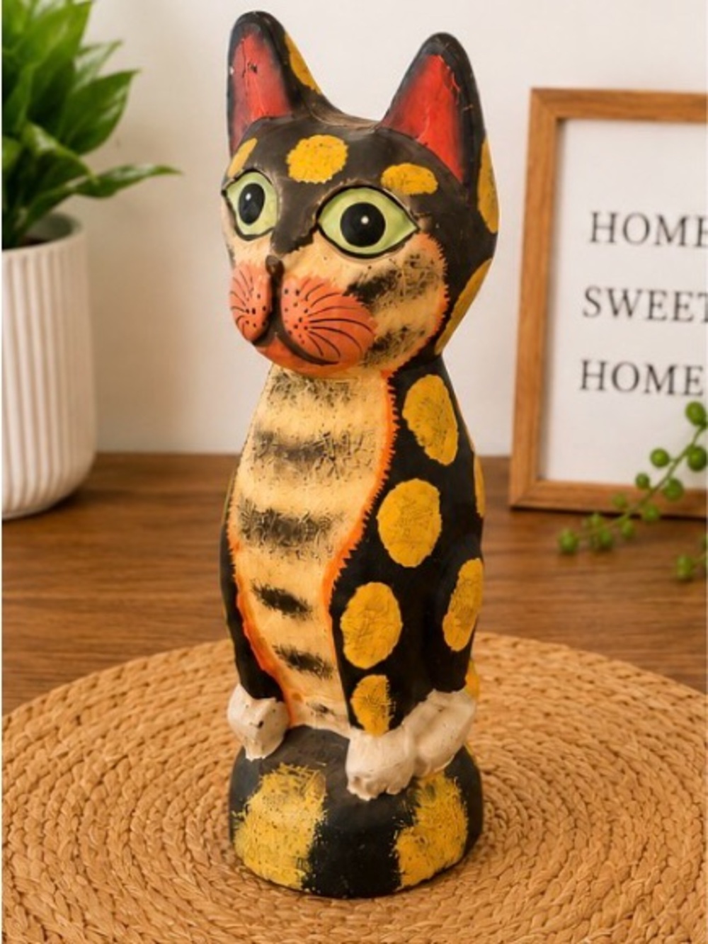 Vintage Hand Carved Folk Art Cat Figurine, Hand Painted Wooden Cat Statue - Picture 3 of 6